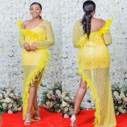 Plus Size Aso Ebi Prom Dresses Yellow Mermaid Asymmetrical Feathered Lace Evening Dresses for Special Occasions Birthday Party Gowns Second Reception Dress ST762