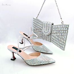 QSGFC Latest Italian Design African Women's Crystal High Heel Toe Sandals Party Wedding Party Silver Shoes and Bag Set 240106