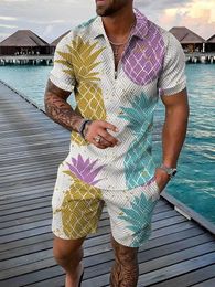 Men's Tracksuits Tropical Fruit Pattern 3D Print Sweatsuit Set Summer Zipper Polo Shirt Shorts 2pcs Sets Trend Man Clothing Tracksuit