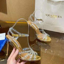 Aquazzura Crystal Sandals Pumps Stiletto Decorative Pvc Ankle Strap Leather Outsole Womens Party Evening Shoes Luxury Designer High Heels Factory Footwear