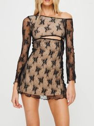 Party Dresses Women Y2k Long Sleeve Lace Mini Dress Sexy One Shoulder Floral A Line Bodycon Short Going Out Clubwear