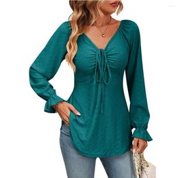 Women's T Shirts Spring Autumn Tee V-neck Drawstring Waist Sexy Long Sleeve Solid Colour T-shirt Women Fashion Clothes Y2k Tops
