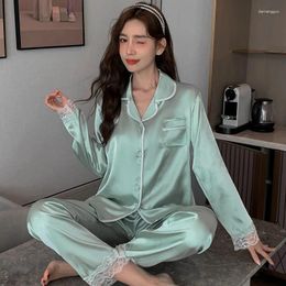 Women's Sleepwear Women Pajamas 2 Piece Outfit Set Satin Silk Long Sleeve Top Pajama Pants Lace Splicing Nightwear Homewear Pyjama Femme