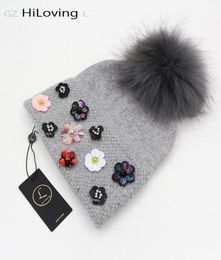 New Design Winter Womens Wool Hat With Big Real Fur Pom Pom Knit Beanie Hats Soft Floral Pattern Skullies Caps For Women Ladies7783972