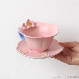 Mugs 1pc Creative Pink/Yellow Hand-painted Relief Cherry Blossom Shaped Cups Gift Household Items Afternoon Tea Coffee Cup And Plates