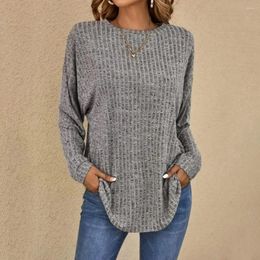 Women's Blouses Women Top Spring Fall Solid Colour Crew Neck T-shirt Long Sleeves Loose Knitted Elastic Mid Length Lady Blouse