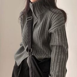 Deeptown Turtleneck Vintage Grey Cardigan Korean Style Knitted Sweater Women Japanese Harajuku Fashion Button Knitwear Autumn 240106