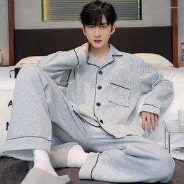 Men's Sleepwear Men Air Cotton Pajamas Autumn Winter Thick Pyjamas Korean Version Long-sleeved Lapel Home Wear Set Simple Plus Size