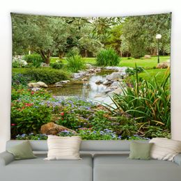 Spring Park Garden Landscape Tapestry Green Plants Trees Red Purple Flowers Natural Scenery Tapestries Living Room Wall Hanging 240106