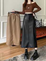 Skirts Classic Vintage Black Faux PU Leather Women Wrap Sexy High Waist Midi Ladies Slim Sheath Pencil Female Faldas F85