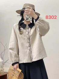 Women's Blouses Mori Doll Collar Embroidery Cotton Linen Long Sleeve Shirt Top Spring