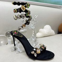 Rene Caovilla Snake Lamp Crystal Strass Sandals Womens Large Grain Crystal Decoration High Sandals Luxury Designers Ankle Wraparound Shoe Women Factory Footwe