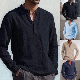 Men's Casual Shirts Men Shirt Semi-open Collar Buttons Placket Loose Fit Long Sleeves Pullover Wear Solid Colour Spring Summer Cotton To