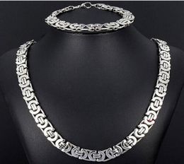 New Style Jewlery Set 8mm Silver Tone Flat byzantine chain necklace bracelet 316L Stainless Steel Bling for Fashion mens XMAS Gi6449562