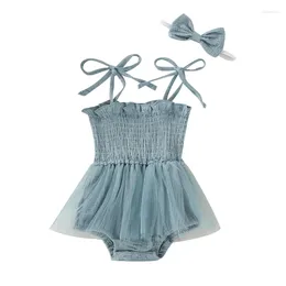 Rompers Infant Toddler Girls Casual Romper With Headdress Floral Embroidery Tie-up Off-the-shoulder Jumpsuit Yarn Hem