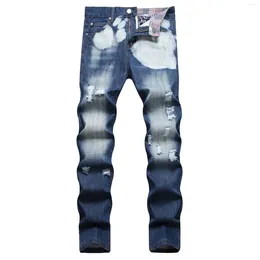 Men's Jeans Big Size 40 42 Europe Fashion Style Men Jenas Denim Pants Printed Stripe Hole Skinny Trousers Slim Blue For Husband 8816