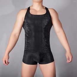 Men's Tank Tops Men Tight Stretchy Vest Opaque PU Embossed 3D Pattern Polyester Material Male Sexy Unique Fashionable Imitate Leather Top