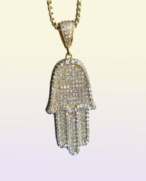 Boy Men Fatima Hamsa Hand Pendant Necklace Iced Out 5A Bling Cubic Zircon Thin Chain Hip Hop Gift Turkish Luck 1545080