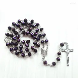 Pendant Necklaces QIGO Religious Pray Jewelry Long Cross Rosary Necklace Purple Crystal Strand