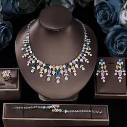 Necklace Earrings Set Luxury Bride Colourful Cubic Zirconia 4-piece Bridal Wedding Party Prom Accessories