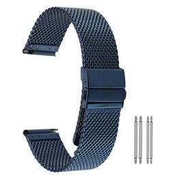 High Quality Yellow Gold Blue 18 20 22mm Mesh Stainless Steel Band Watch Strap Replacement Bracelet Straight Ends Hook Buckle3094