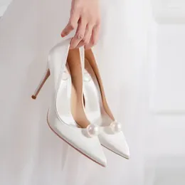 Dress Shoes 2024 Summer Elegant Ladies Bridal Wedding Party Pearl Satin Pumps Fashion Versatile High Heels Solid Colour