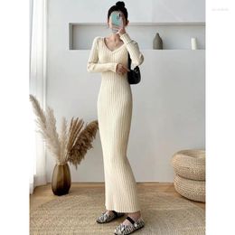 Casual Dresses Zoki Elegant Solid Women Knitted Dress Simple Korean Slim Long Sleeve Ankle Length V Neck Office Ladies Chic