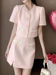 Work Dresses 2024 Spring Summer Korean Version Two-piece Set Lapel Bubble Sleeve Short Tops High-waist A-line Skirt Small Fragrant Suit