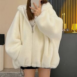 Rimocy Hooded Lamb Plush Jacket Women Autumn Winter Zipper Warm Fleece Outerwear Chic Loose Thicken Fluffy Coat Female 240106