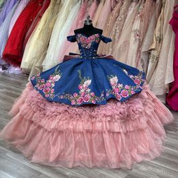 Pink Quinceanera Dresses Off shoulder Embroidery Applique Sequin Tull corset Sweet 16 Party Dress Bow Vestidos De 15 Quinceanera