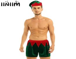 Christmas Sexy Lingerie Set Mens Boxer Shorts with Bells Hat Christmas Green Elf Cosplay Outfit Homme Club Wear Fancy Dress LY9504615