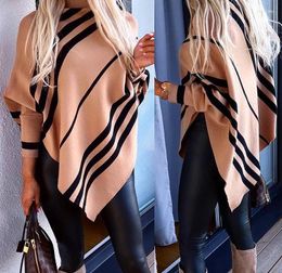 Women's Polos Pullover 2024 Fall Elegant Striped Colorblock Mock Neck Knit Poncho Sweatshirt Casual Asymmetrical Tops Clothes