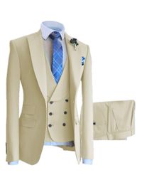 New Arrival Groomsmen Peak Lapel Groom Tuxedos Beige Men Suits Wedding/Prom/Dinner 3 Pieces Blazer ( Jacket + Pants + Bow Tie + Vest ) Z75