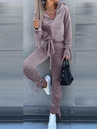 Women's Two Piece Pants Chic Velvet 2 Pieces Lace-up Tracksuit Jogging Outfits Long-sleeved Hooded Loose Cropped Sweatshirt Suit Women