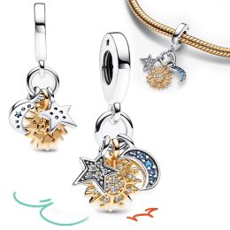 Original 925 Sterling Silver Sun Moon Star Triple Celestial Dangle Charm Fit Pan Bracelet Bangle Fine Jewelry DIY