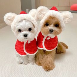 INS Christmas Pet Cloak Ears Hooded Bib Cape Warmth Maltese Year Dog Party Clothes Pet Coat Fashion Dog Design Dog Clothes 240106
