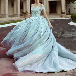 Sexy Off the Shoulder Ball Gown Quinceanera Dresses Cathedral Train Applique Lace Beads Floral Corset vestidos 15 de xv anos modernos