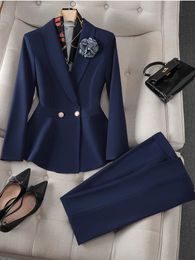 Blue White Elegant Ladies Pant Suit Autumn Female Work Wear Formal 2 Piece Set Women Slim Ruffle Jacket Blazer And Trousers 240106