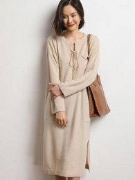 Casual Dresses Cashmere 2024 Autumn And Winter Women's Thin Round Neck Lace-up Pocket Slit Over-the-Knee Long Knitted Dress Bottoming Shirt