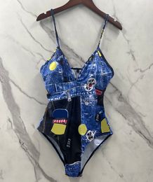 Denim Blue Printed Girls Swimwear Designer One Piece Swimsuits Fashion Monokini Sexy Bikini Set Women Beachwear Strap Push Up Bathing Suits Biquinis Fast Shipping