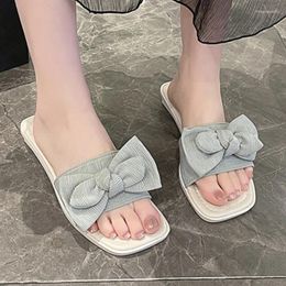 Slippers Women's Shoes 2024 Fashion Open Toe Summer Square Bow Tie Outdoor Low Heel Large Size Zapatos