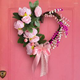 Decorative Flowers Artificial Valentine's Day Heart Wreath Pink Rose Love Bow Door Hang Roamntic Wedding Happy Valentines Party Wreaths