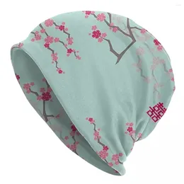 Berets Fuchsia Pink Oriental Cherry Blossoms On Turquoise Warm Knitted Cap Bonnet Hat Autumn Winter Outdoor Beanies Hats For Men Women