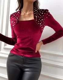 Women's T Shirts Ladies Asymmetric Blouses 2024 Spring Elegant Celebrity Beaded Velvet Neck Top Fashion Casual Long Sleeves Commuting Daily