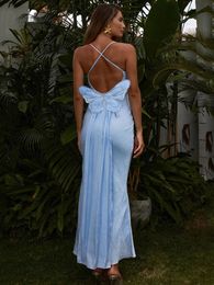 Mozision Elegant Bow Backless Sexy Maxi Dress For Women Blue Fashion Spaghetti Strap Sleeveless Lace-up Bodycon Long Dress 240106