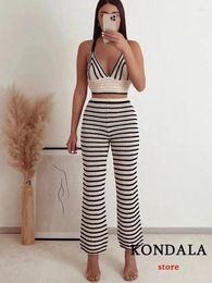 Women's Two Piece Pants KONDALA Beach Style Striped Knitted Women Suits V Neck Backless Cropped Mujer Tops High Waist Wide Leg Vintage Sexy