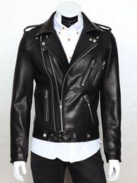 Spring Autumn Cool Black Soft Faux Leather Jacket Men with Many Zippers Long Sleeve Belt Plus Size Outerwear 240106