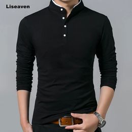 Liseaven T-Shirt Men Cotton T Shirt Full Sleeve tshirt Men Solid Colour T-shirts tops tees Mandarin Collar Long Shirt 240106