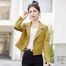 Women's Leather Women Spring Autumn Chic Blazer Fashion Suit Collar Double Breasted Slim Short Jacket Split Elegant Coat