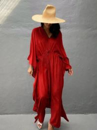 Maxi Beach Dresses Solid Swimsuit Cover Ups Kaftans for Women Drawstring Plus Size Robe 2023 New Holiday Beachwear Bathing